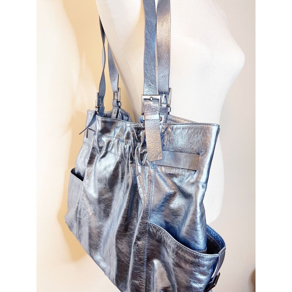 Marshall Fields Metallic Blue Shoulder Bag Y2K Slouchy Tote Silver Blue Purse